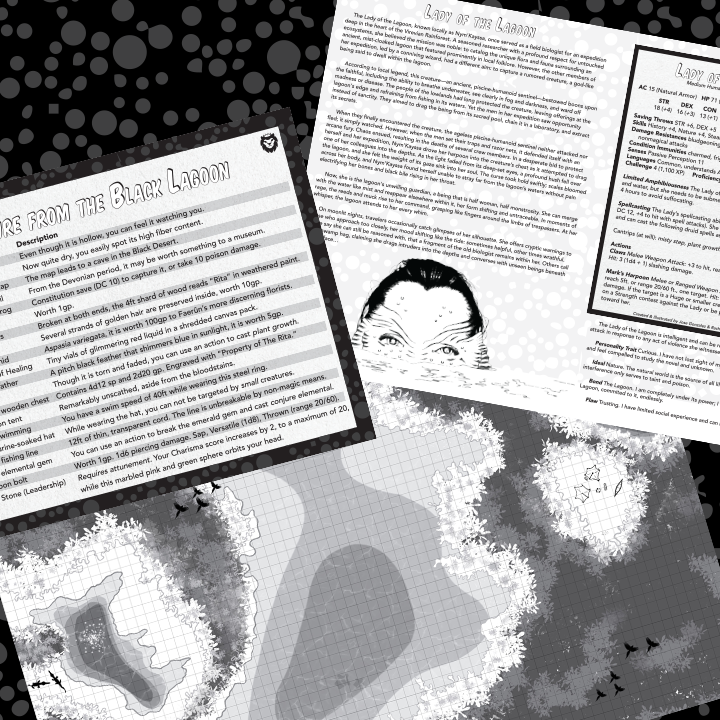 The Black Lagoon bundle includes .pdfs of a dungeon map, an NPC, and a loot table.