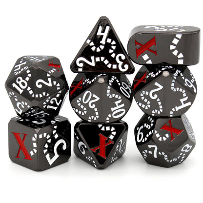 Black Pearl is a Dice Envy Exclusive 8-piece set of black metal dice with a treasure map engraving inked in white and red. It is part of the Pirate Dice collection.