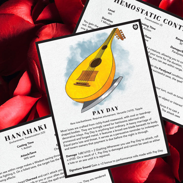 The Bleeding Hearts bundle includes .pdfs of a weapon stat block and two new spells.