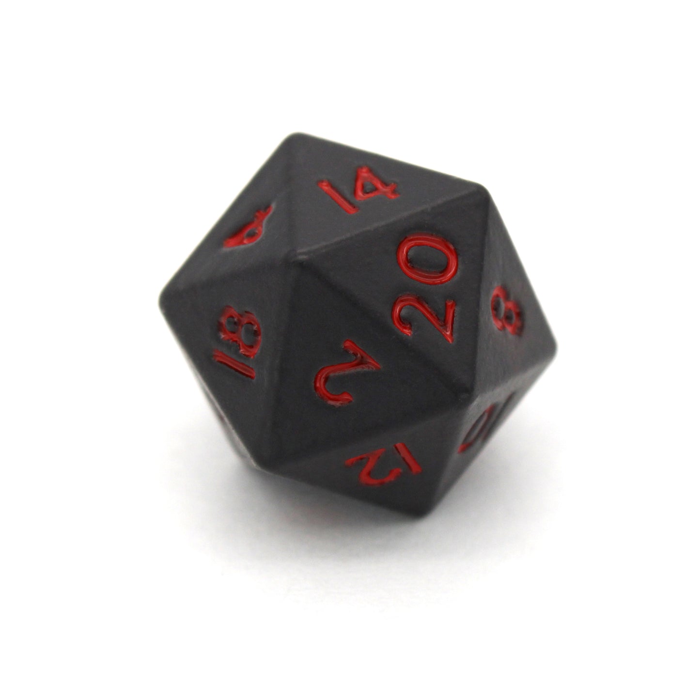 Bloodsuckers is a 7-piece set of matte, black colored 10mm metal dice with bright red inking.