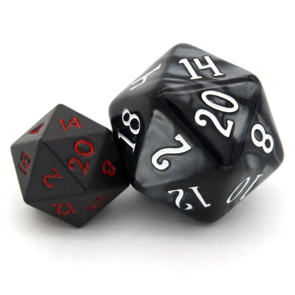 Bloodsuckers is a 7-piece set of matte, black colored 10mm metal dice with bright red inking.