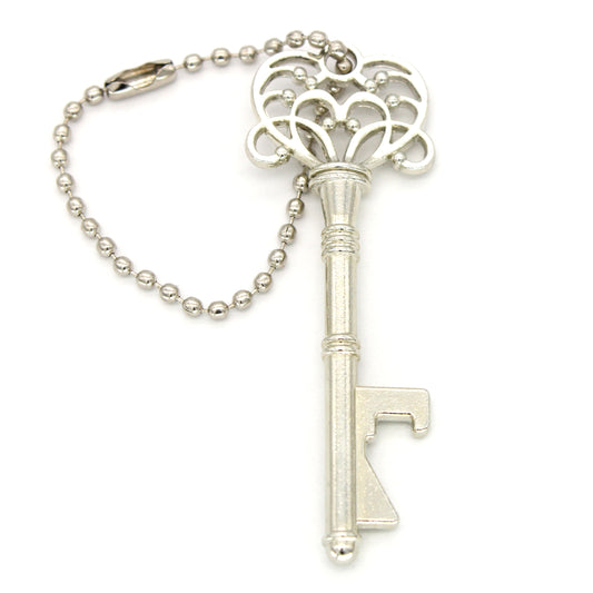 Key Bottle Openers are zinc with a silver colored finish. They measure 1.1 inches wide by 3.1 inches long.