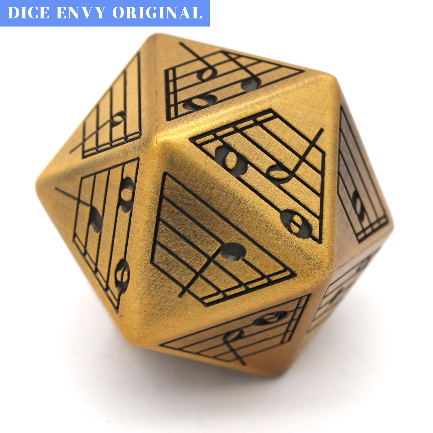 Brass Section is a 33mm Dice Envy Original oversized, brass colored metal d20 modeled after our popular Woodwind chonky. Perfect for bards!