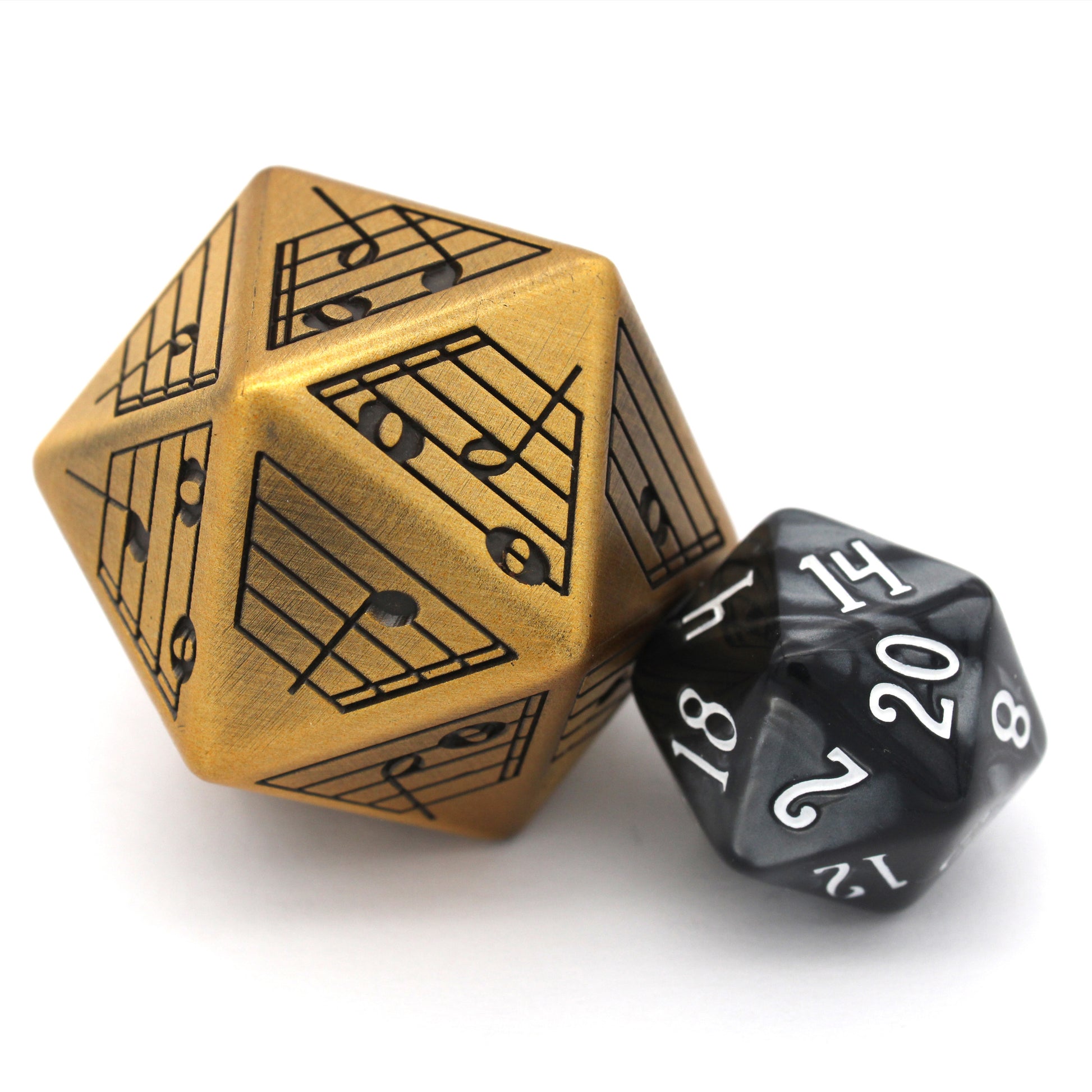 Brass Section is a 33mm Dice Envy Original oversized, brass colored metal d20 modeled after our popular Woodwind chonky. Perfect for bards!