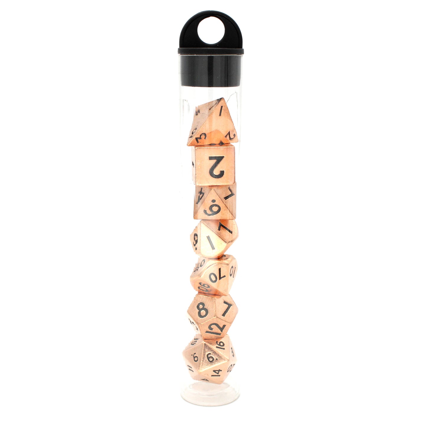 Brats is a 7-piece set of shiny rose gold 10mm metal dice.