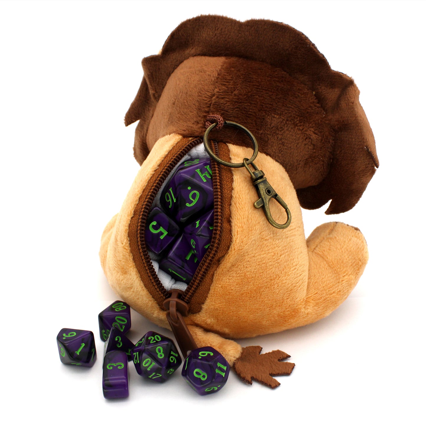 Each Brockton Plush Dice Bag now comes with a 10-piece Mystery set of polymer dice! Brockton himself is constructed from soft, satin-lined fabric and can hold a full 10-piece Dice Envy dice set (clearly). 6" x 6" x 6.5"
