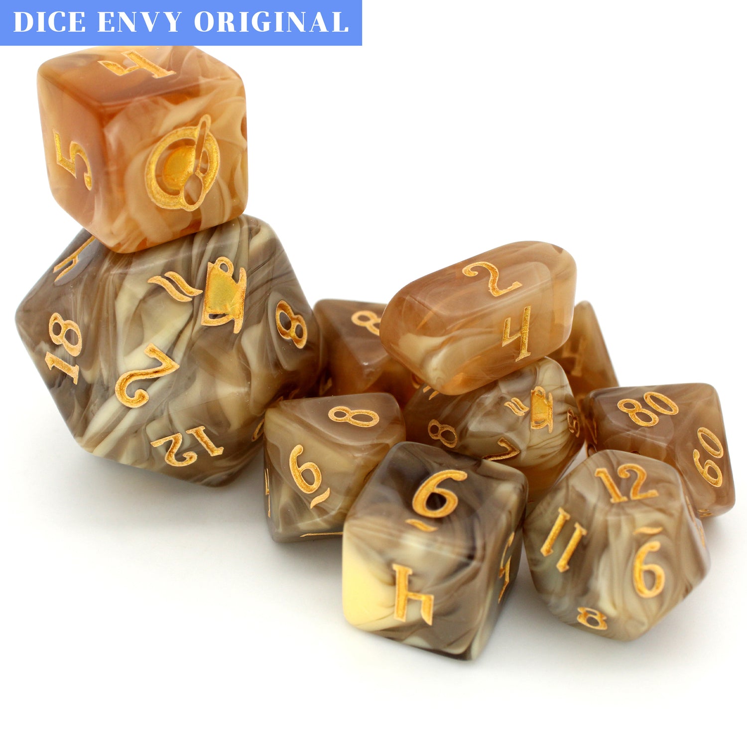 Caramel Cortados for Bad Kids is a 10-piece resin set in our coffee mold, featuring swirling shades of caramel, brown, and inked in gold.