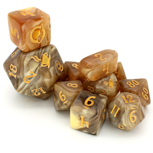 Caramel Cortados for Bad Kids is a 10-piece resin set in our coffee mold, featuring swirling shades of caramel, brown, and inked in gold.