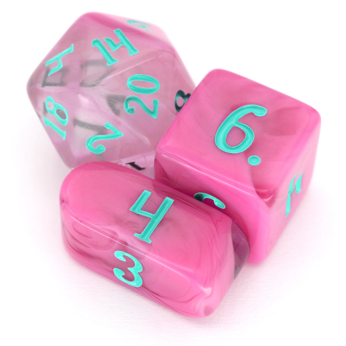 Cerisian Clouds is a 10-piece clear acrylic set swirled with bright pink and inked in robin's egg blue.