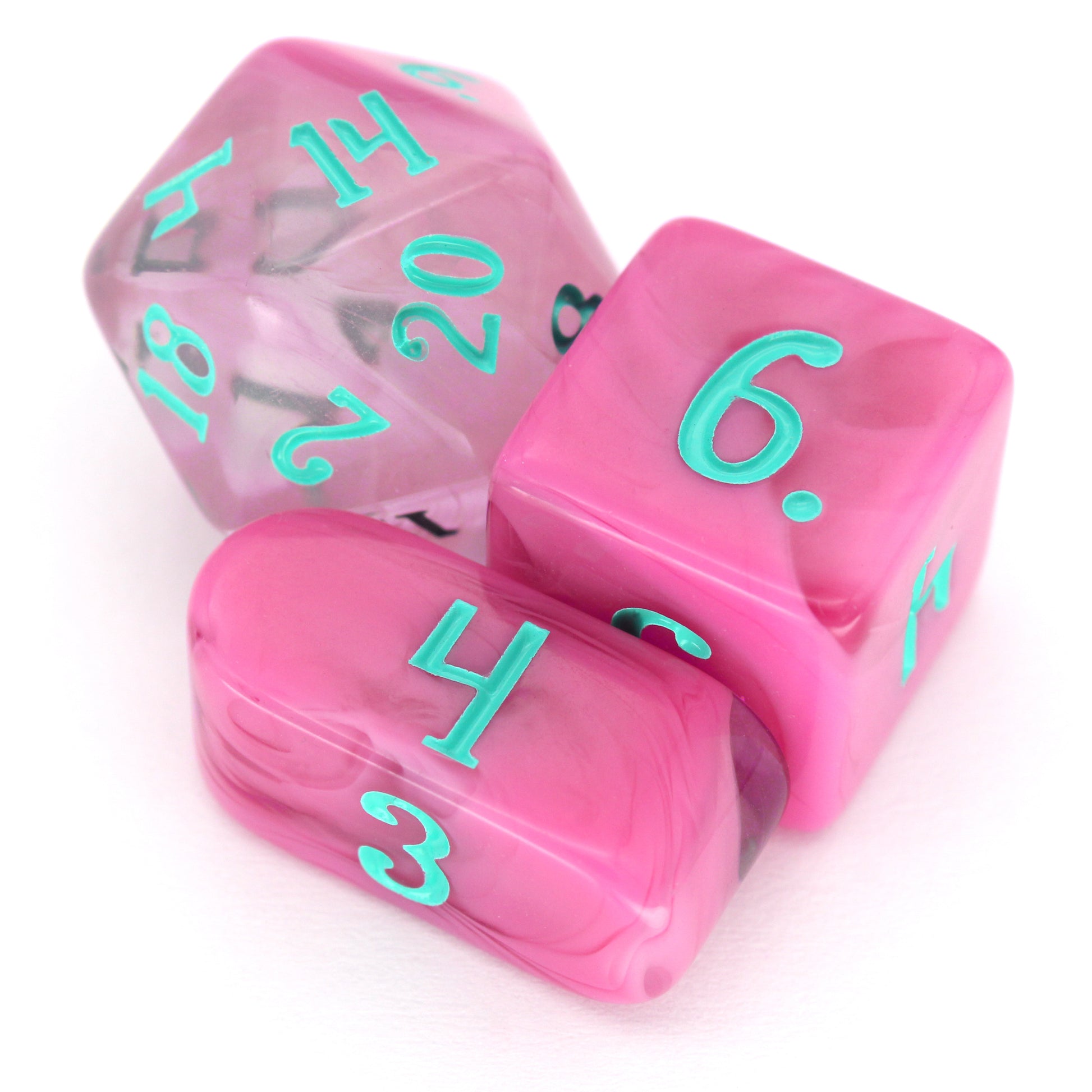 Cerisian Clouds is a 10-piece clear acrylic set swirled with bright pink and inked in robin's egg blue.