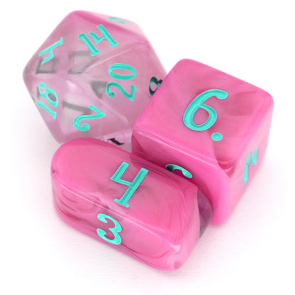 Cerisian Clouds is a 10-piece clear acrylic set swirled with bright pink and inked in robin's egg blue.