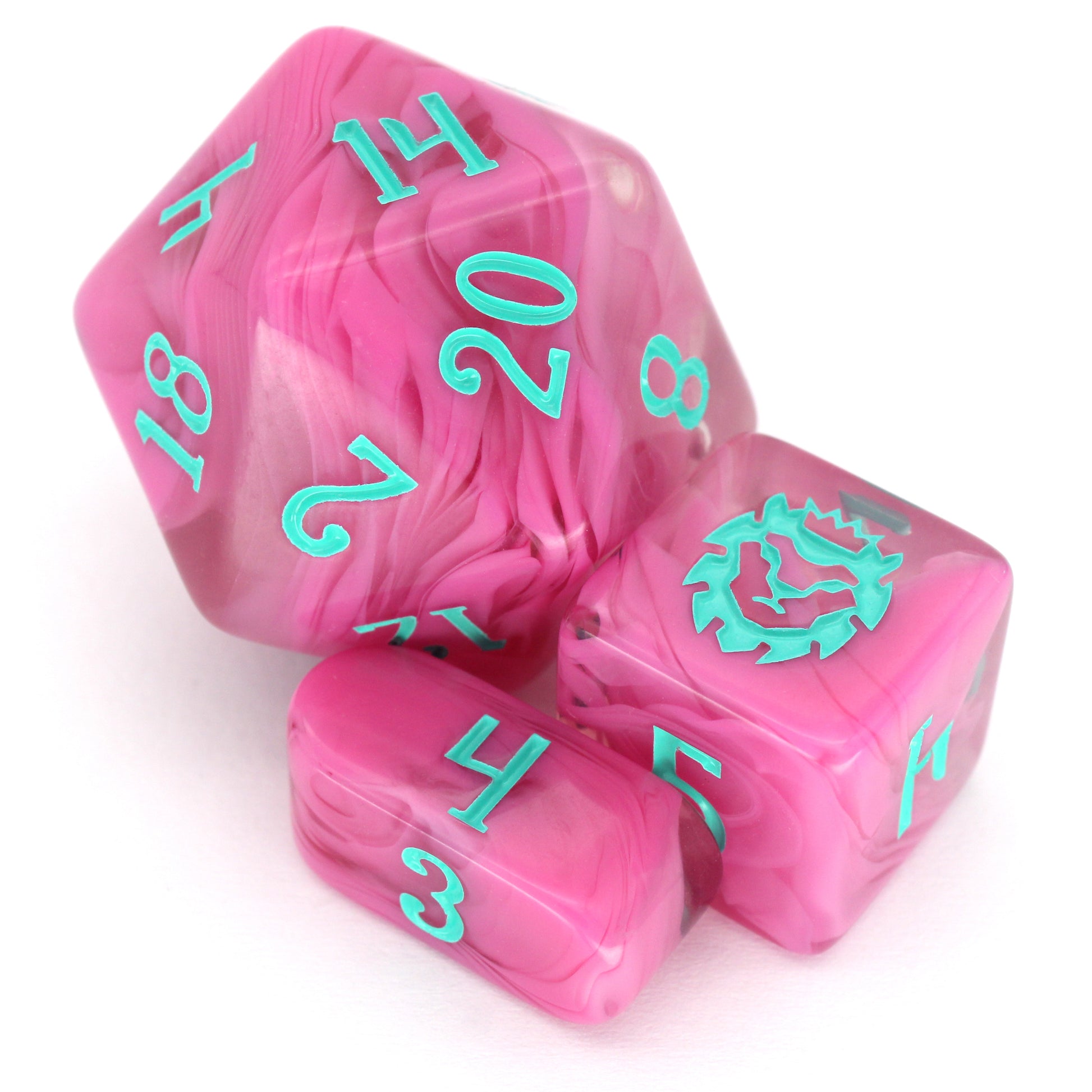 Cerisian Clouds is a 10-piece clear acrylic set swirled with bright pink and inked in robin's egg blue.