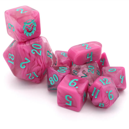 Cerisian Clouds is a 10-piece clear acrylic set swirled with bright pink and inked in robin's egg blue.