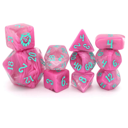 Cerisian Clouds is a 10-piece clear acrylic set swirled with bright pink and inked in robin's egg blue.