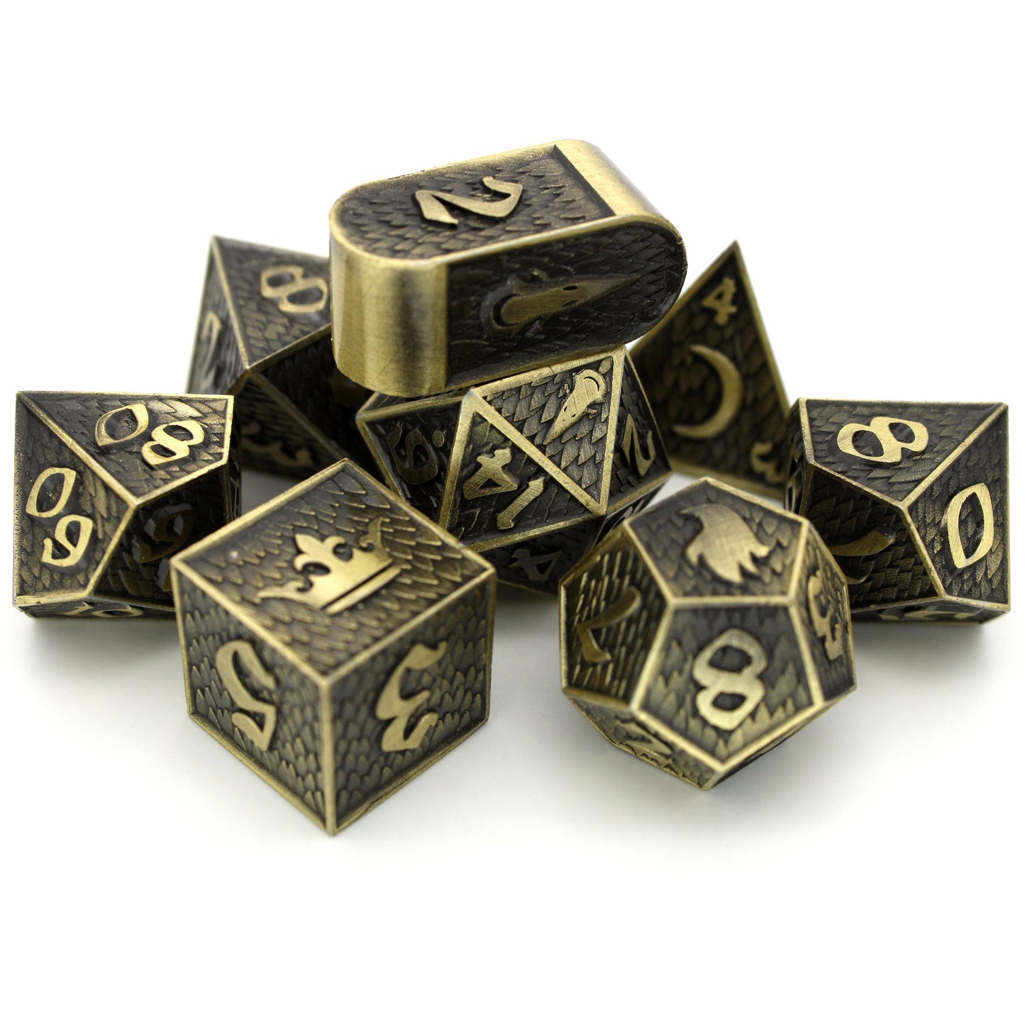 Champion is an 8-piece Dice Envy exclusive set of bronze metal dice in our Raven Queen mold.