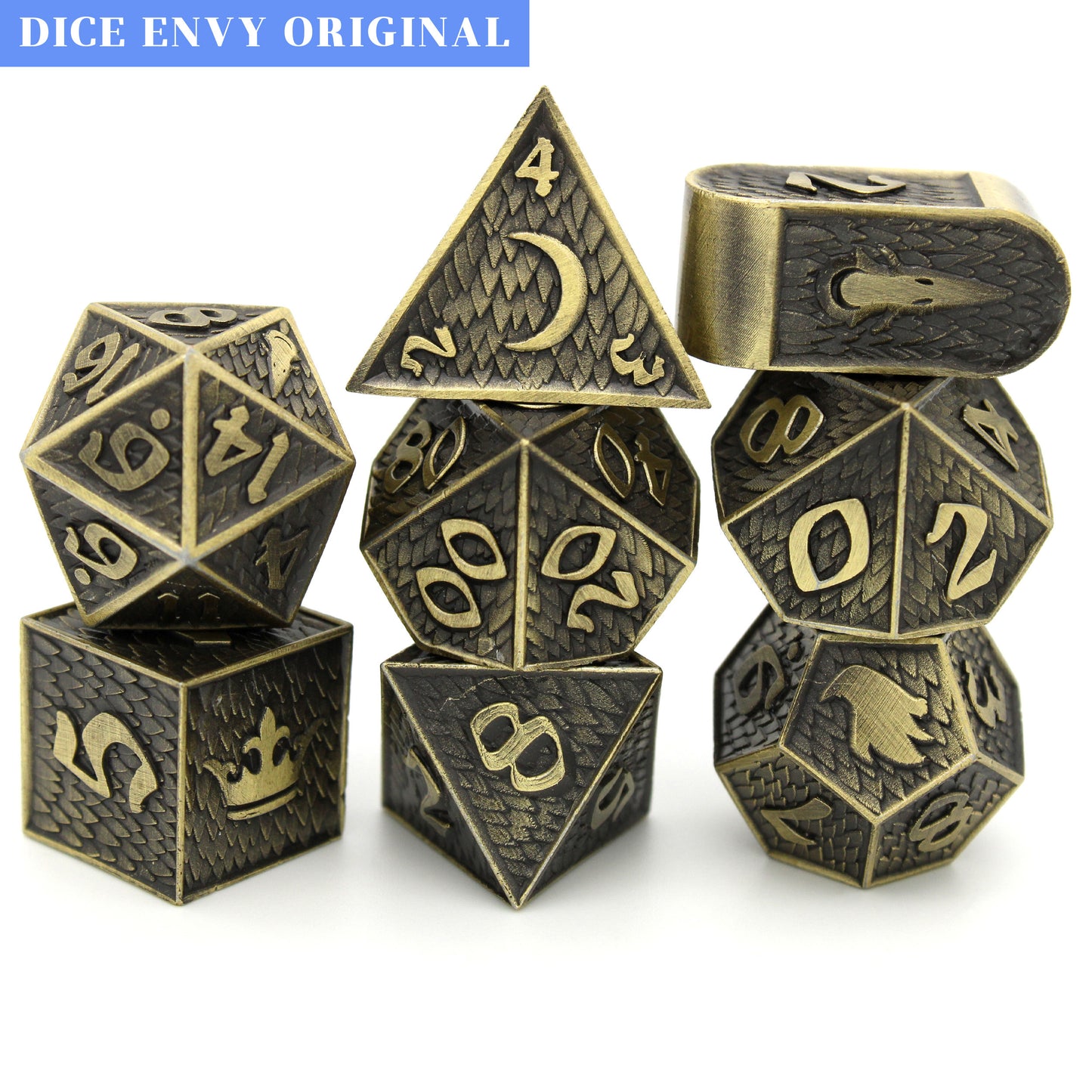 Champion is an 8-piece Dice Envy exclusive set of bronze metal dice in our Raven Queen mold.