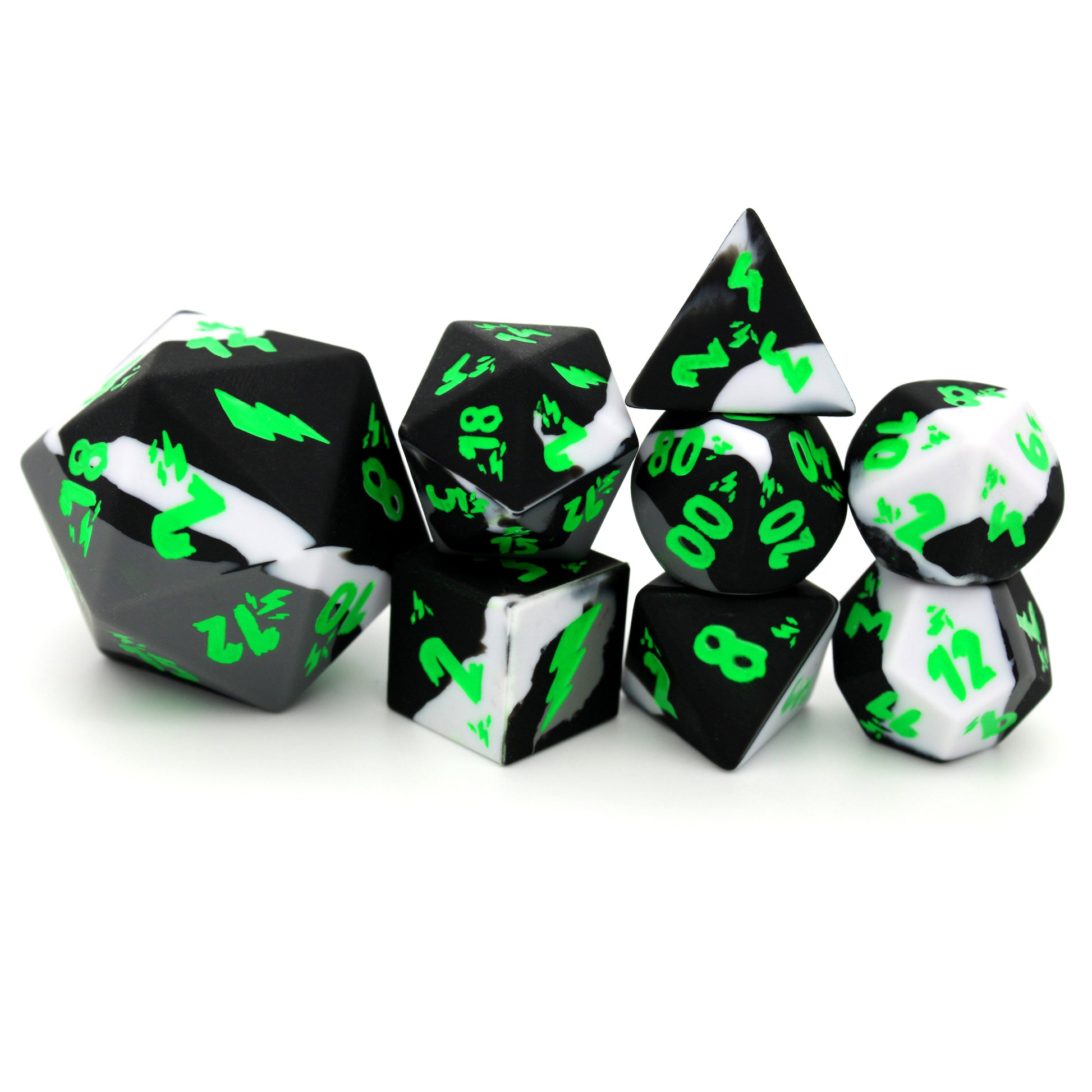 Chaotic Evil is an 8-piece, swirled silicone dice set in stark black, white, and grey. It features an electrifying, neon green ink design.