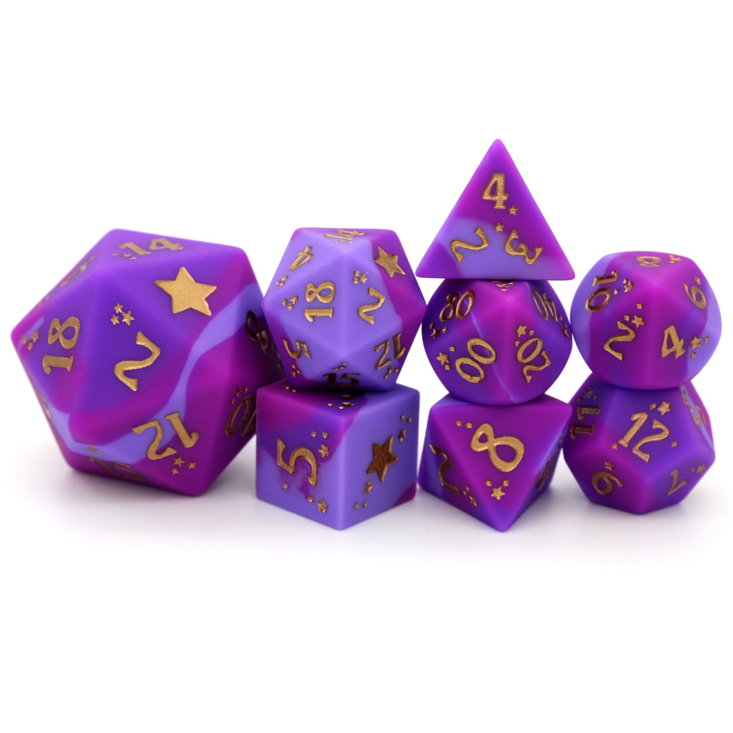 Chaotic Good is an 8-piece, swirled silicone dice set in noble pinks and purples. It features a starry-eyed, gold ink design.