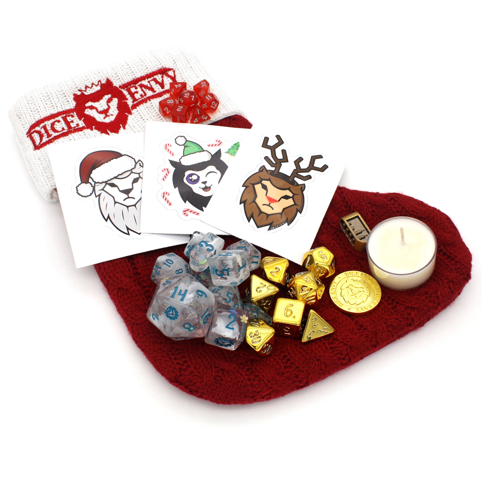 Christmas Surprise Stocking is a collection of over $60 worth of dice and accessories held within a stylish, knitted stocking.