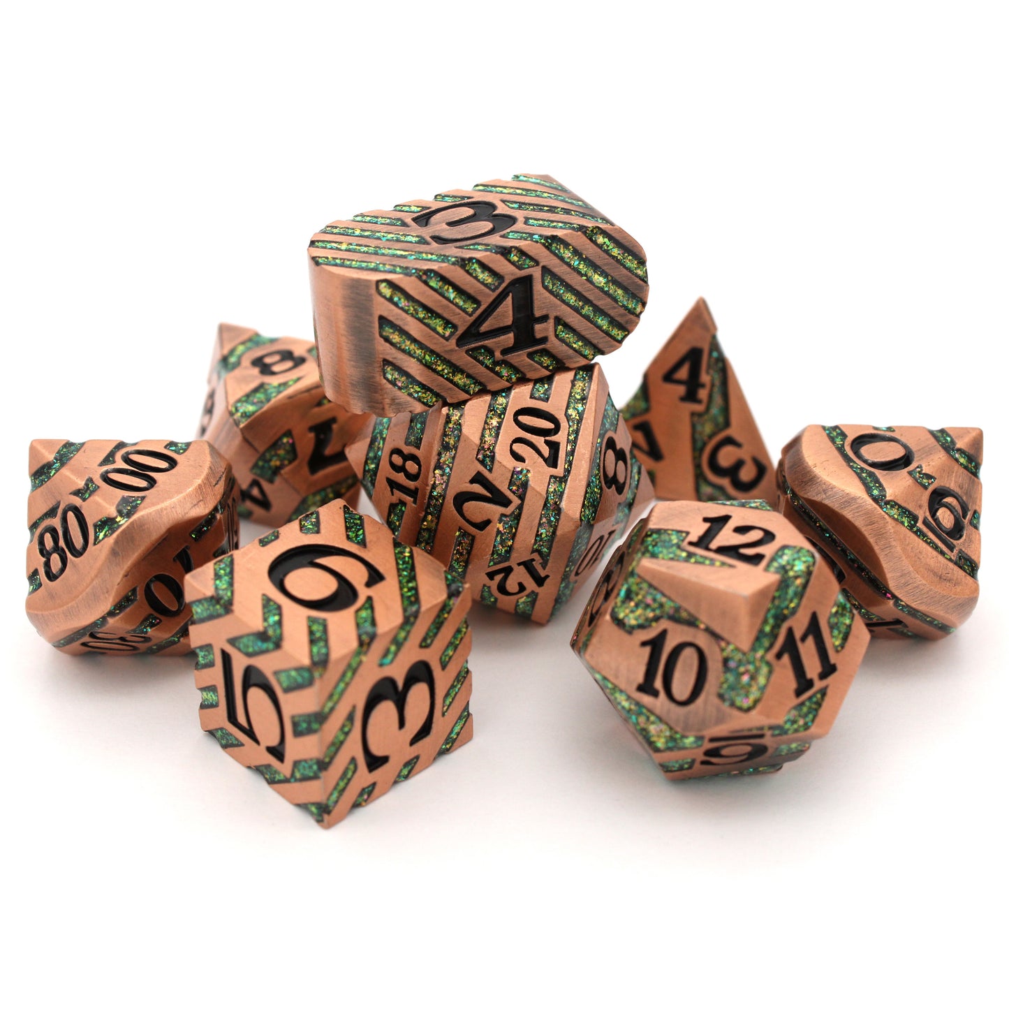 Chronomancy is an 8-piece brushed copper metal set banded in a wraparound enamel fill of mesmerizing purple and green.