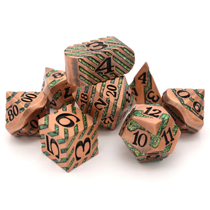 Chronomancy is an 8-piece brushed copper metal set banded in a wraparound enamel fill of mesmerizing purple and green.