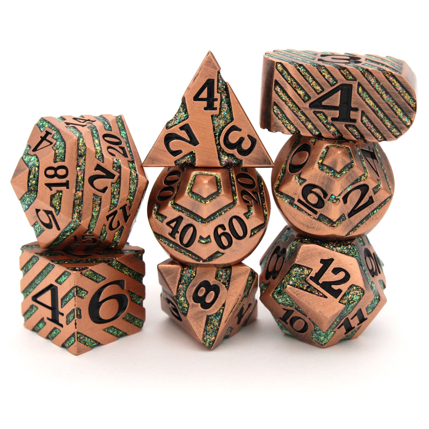 Chronomancy is an 8-piece brushed copper metal set banded in a wraparound enamel fill of mesmerizing purple and green.