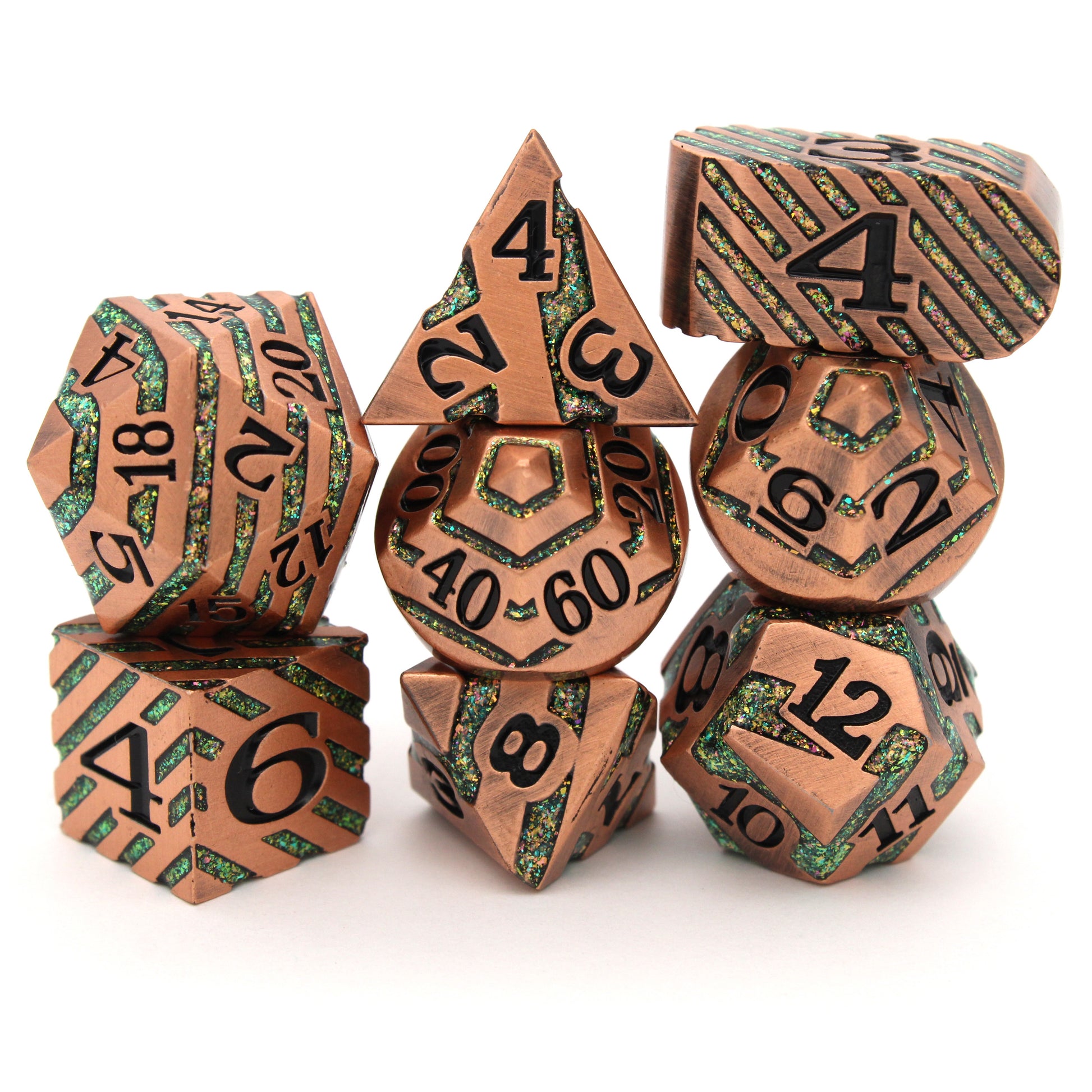 Chronomancy is an 8-piece brushed copper metal set banded in a wraparound enamel fill of mesmerizing purple and green.