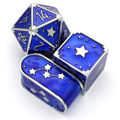 Circle of Stars is an 8-piece, bright silver metal set filled with midnight blue enamel.