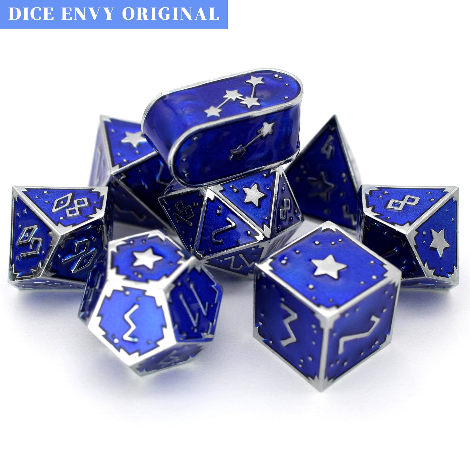 Circle of Stars is an 8-piece, bright silver metal set filled with midnight blue enamel.