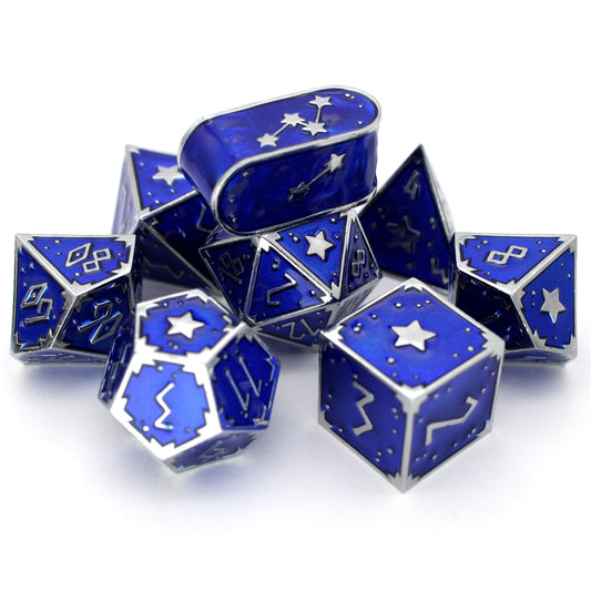 Circle of Stars is an 8-piece, bright silver metal set filled with midnight blue enamel.