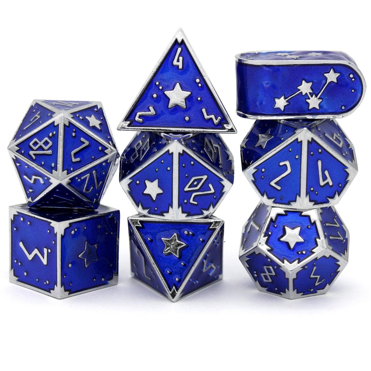 Circle of Stars is an 8-piece, bright silver metal set filled with midnight blue enamel.