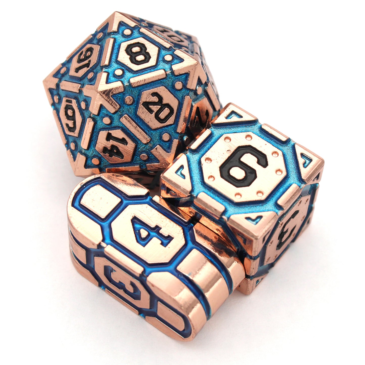 Clockwork Soul is an 8-piece set of shiny copper metal dice with glittering blue enamel, inked in black. Includes an exclusive Infinity Movement d4.