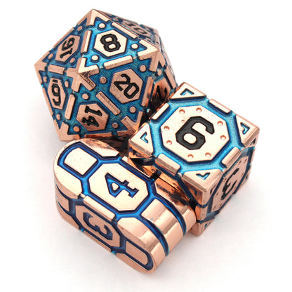 Clockwork Soul is an 8-piece set of shiny copper metal dice with glittering blue enamel, inked in black. Includes an exclusive Infinity Movement d4.