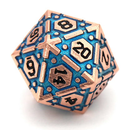 Clockwork Soul is an 8-piece set of shiny copper metal dice with glittering blue enamel, inked in black. Includes an exclusive Infinity Movement d4.