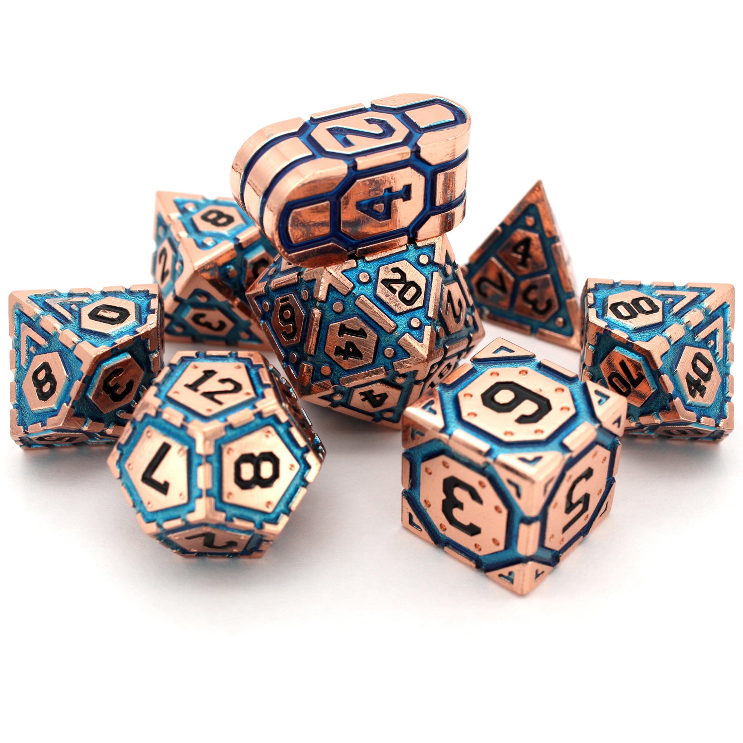 Clockwork Soul is an 8-piece set of shiny copper metal dice with glittering blue enamel, inked in black. Includes an exclusive Infinity Movement d4.
