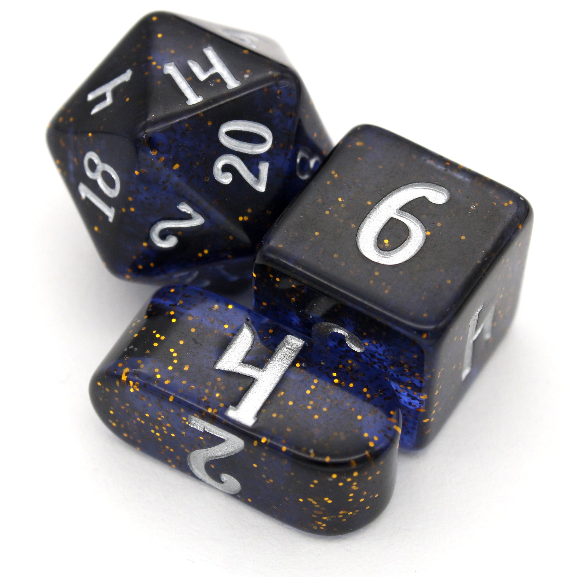 Court of Fireflies is a 10-piece, dark blue and black set of resin dice filled with gold glitter and inked in starry silver.