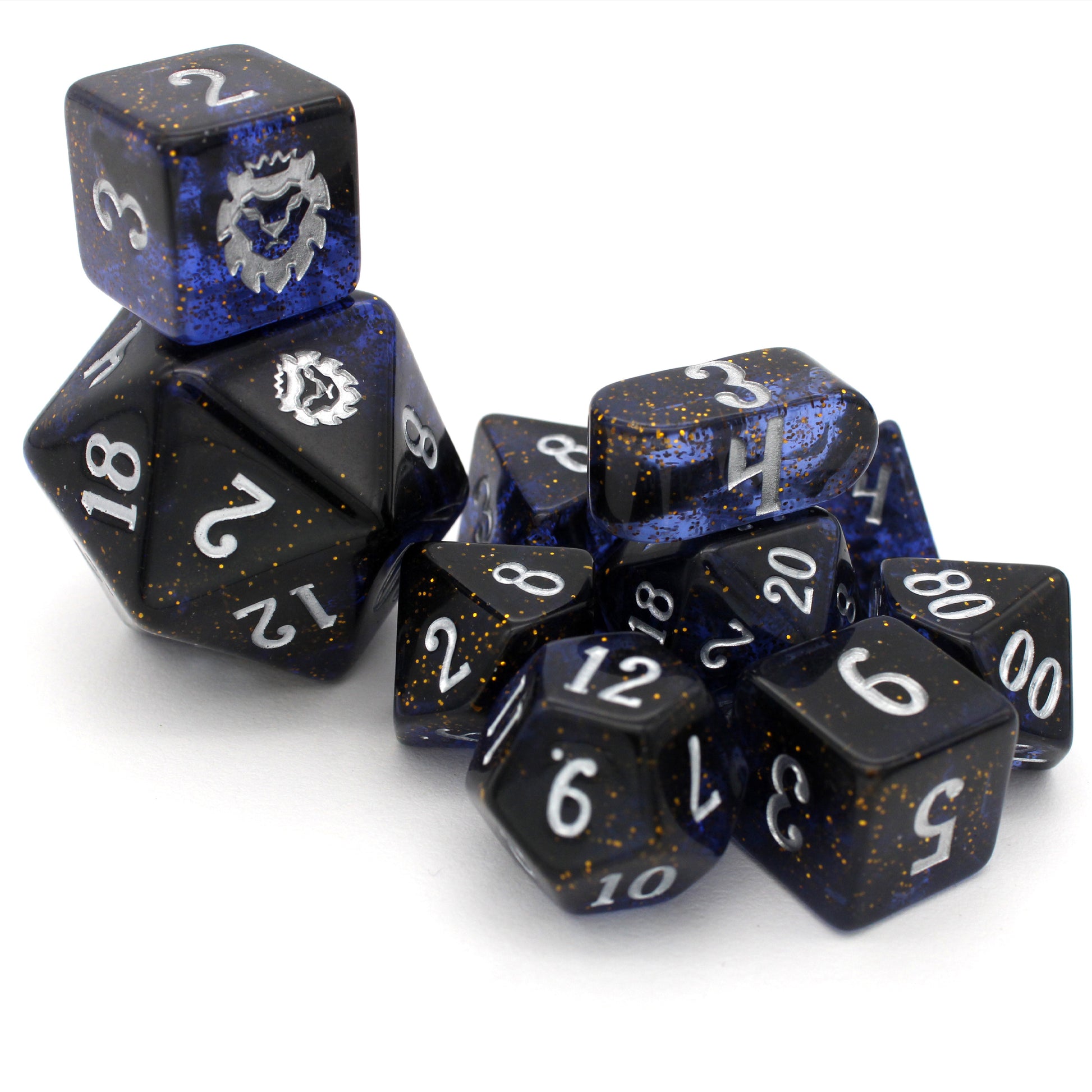 Court of Fireflies is a 10-piece, dark blue and black set of resin dice filled with gold glitter and inked in starry silver.