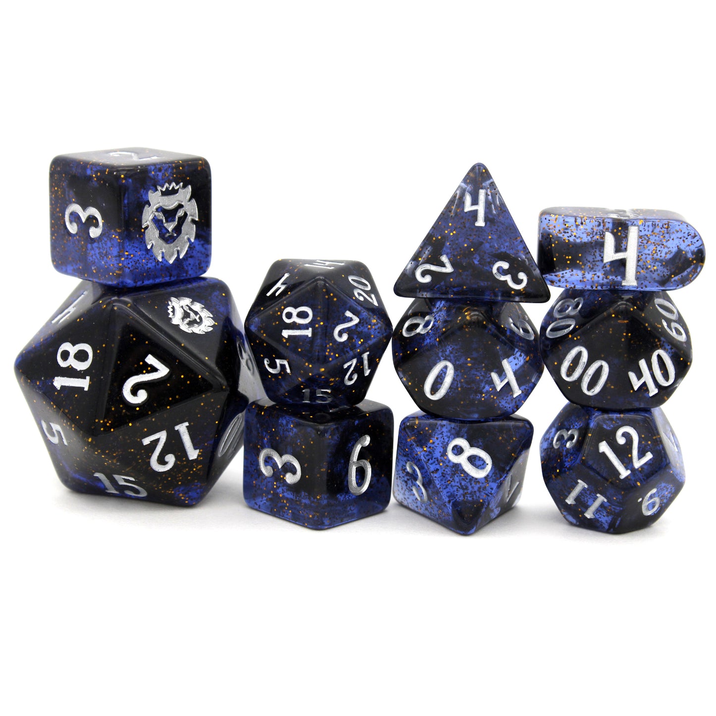 Court of Fireflies is a 10-piece, dark blue and black set of resin dice filled with gold glitter and inked in starry silver.