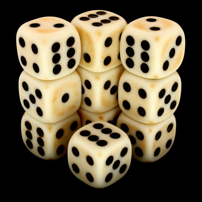 Crag Cat Claw is a 10-piece set of matte pale-colored 12mm d6s, with a natural patina, and pips inked in black.