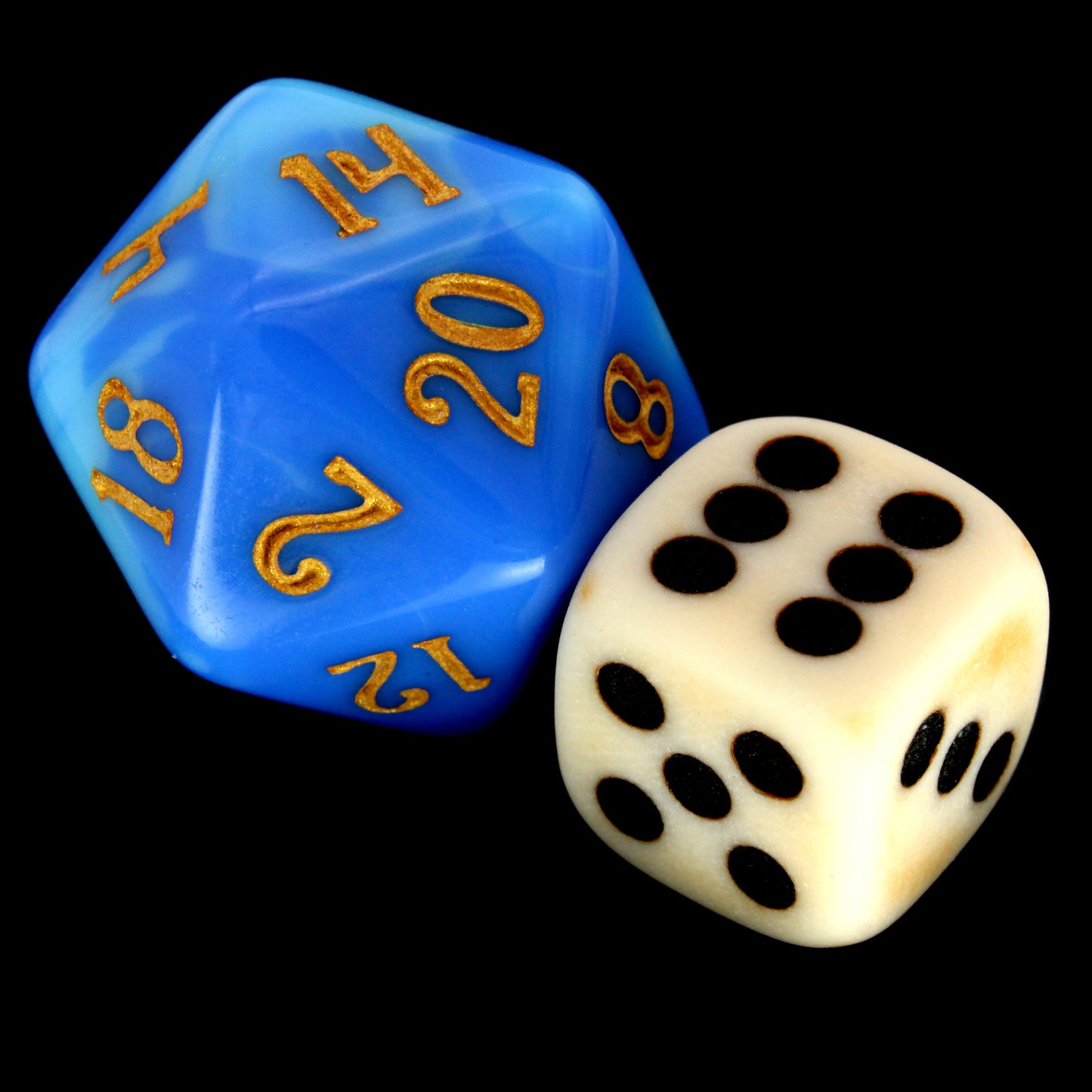 Crag Cat Claw is a 10-piece set of matte pale-colored 12mm d6s, with a natural patina, and pips inked in black.