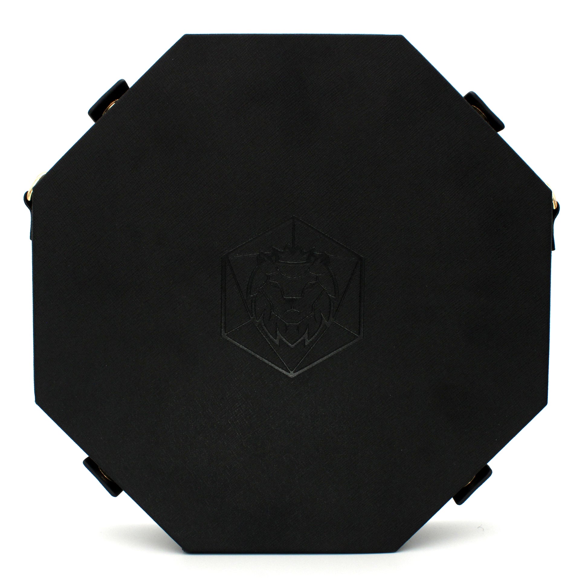 Made of black vegan leather and velvet, our Crossbody Dice Trays are deep enough to hold our Chonky d20s and have a removable strap that adjusts from 38" to 70" long.