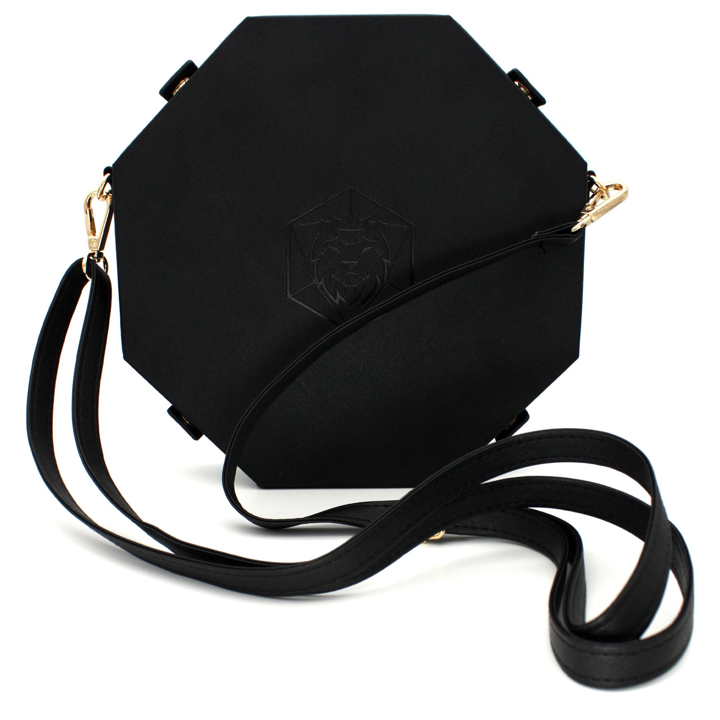 Made of black vegan leather and velvet, our Crossbody Dice Trays are deep enough to hold our Chonky d20s and have a removable strap that adjusts from 38" to 70" long.