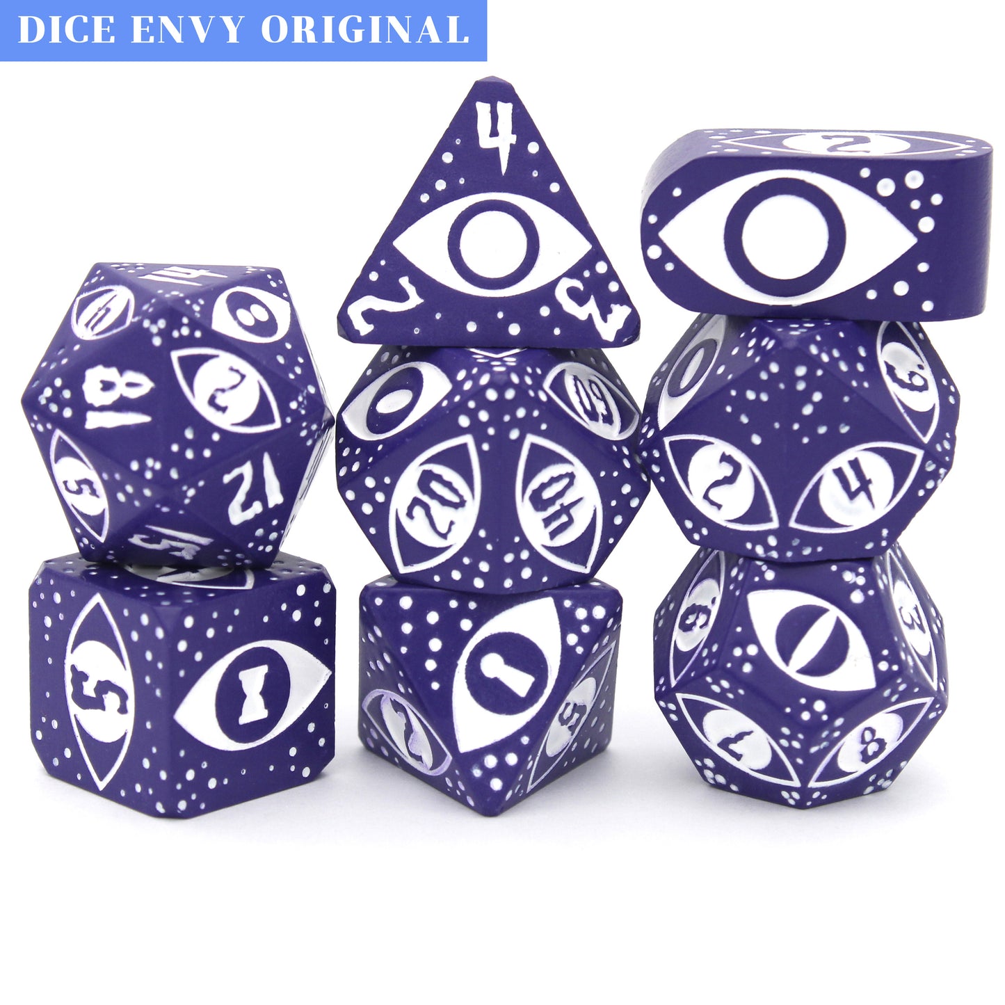Cruel Observer is an 8-piece Dice Envy Exclusive metal set in matte indigo with white ink, featuring an original design by our in-house artists!