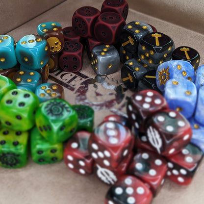 Dice Envy's d6 Monthly Dice Subscription Box delivers 10 matching d6 to your door each month in ever-changing styles and colors. It's cubetacular!