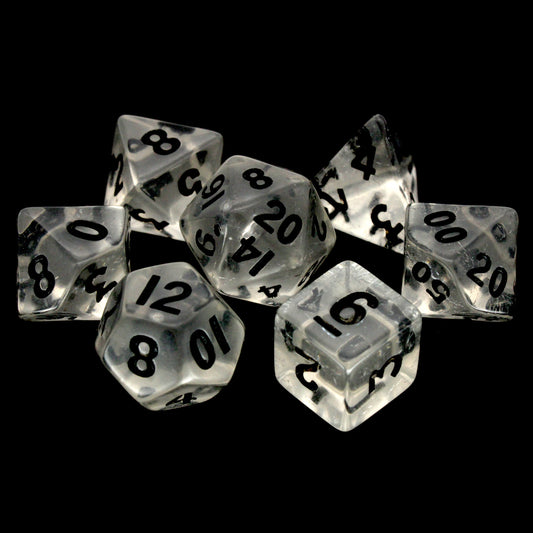 D'void is a 7-piece 13mm resin dice transparent dice set, inked in black.