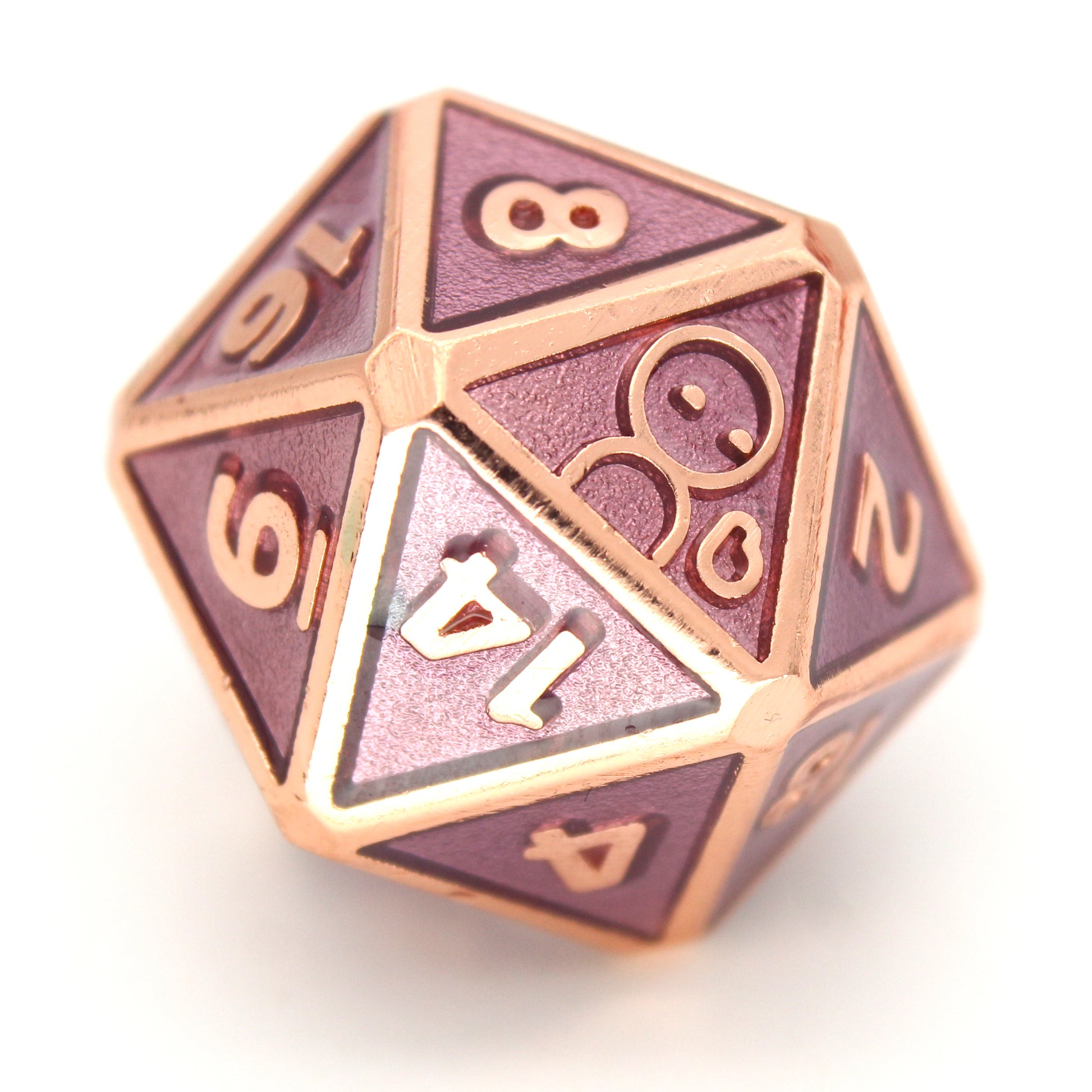 Dabarella is a 7-piece rose gold, framed metal set filled with a rich, mauve enamel, which comes in a collectible Adventure is Nigh branded dice wallet. It is part of the Adventure Is Nigh collection.
