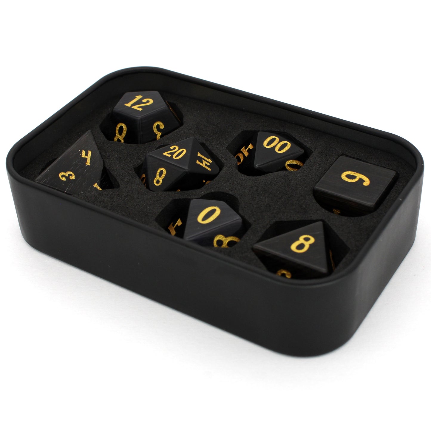 Dark Night is a 7-piece set of black, cat's eye glass dice with gold numbering.