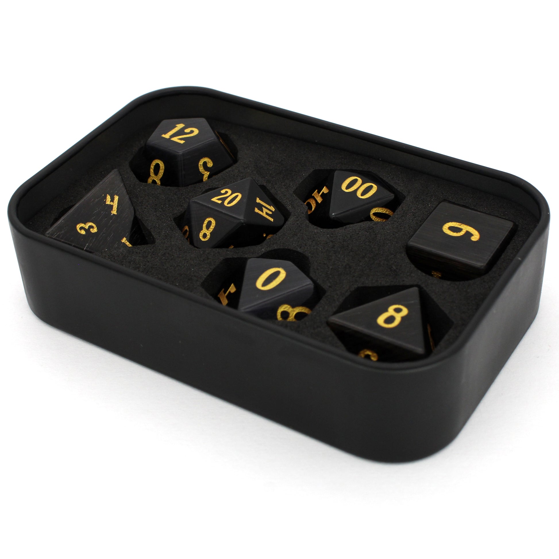 Dark Night is a 7-piece set of black, cat's eye glass dice with gold numbering.