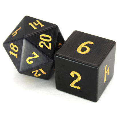 Dark Night is a 7-piece set of black, cat's eye glass dice with gold numbering.