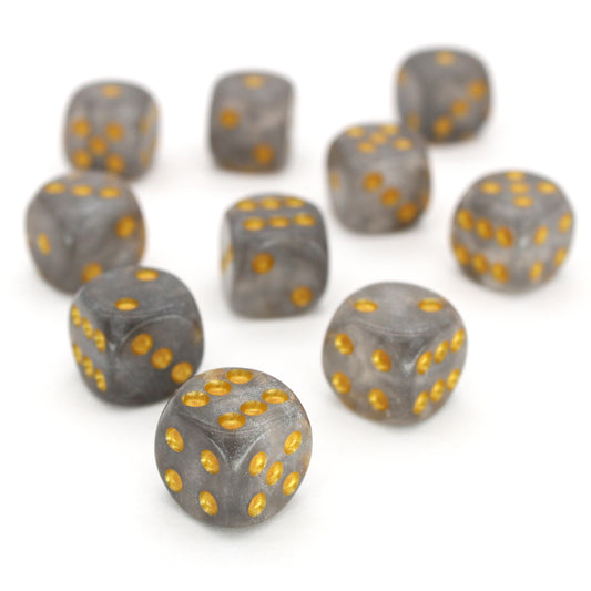 Daybreak is a 10-piece set of shimmering slivery-grey 12mm d6s, with pips inked in gold. They are part of our&nbsp;Pip-Squeaks collection.
